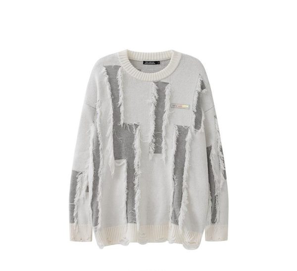 2402211235200321400 Men's And Women's Loose Round Neck Destroyed Sweater