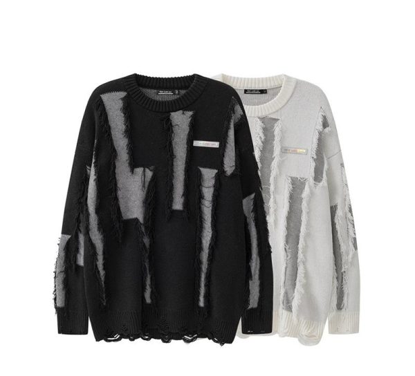 2402211235200321700 Men's And Women's Loose Round Neck Destroyed Sweater