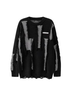 2402211235200322600 Men's And Women's Loose Round Neck Destroyed Sweater