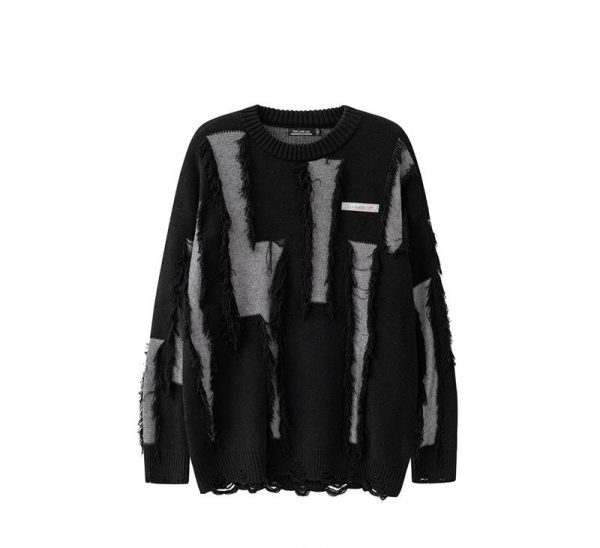 2402211235200322600 Men's And Women's Loose Round Neck Destroyed Sweater