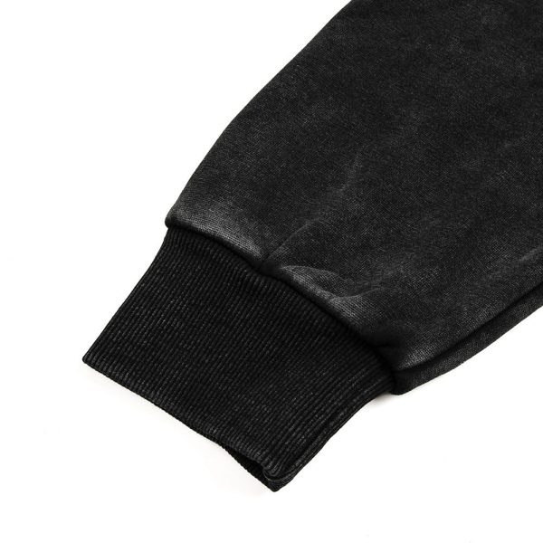 65b7551b-b0a9-4553-a3f9-cf55a7cefe6b-1 Distressed Letters Printed Velvet Padded Hooded Sweatshirt