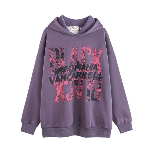 7086f48c-d1fc-4fee-be8a-88c6da3f2728-1 Distressed Letters Printed Velvet Padded Hooded Sweatshirt